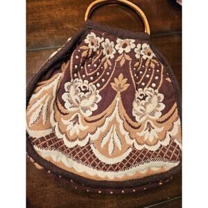 Vintage Knitting Bag Tote Purse with Wooden Handles Flawed Brown